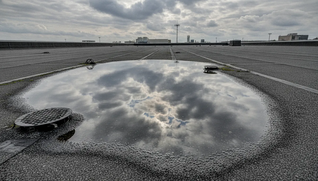 Ponding water on flat roof showing standing water