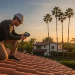 Professional roofing inspector using an infrared thermal imaging camera on a residential roof to detect hidden moisture and leaks