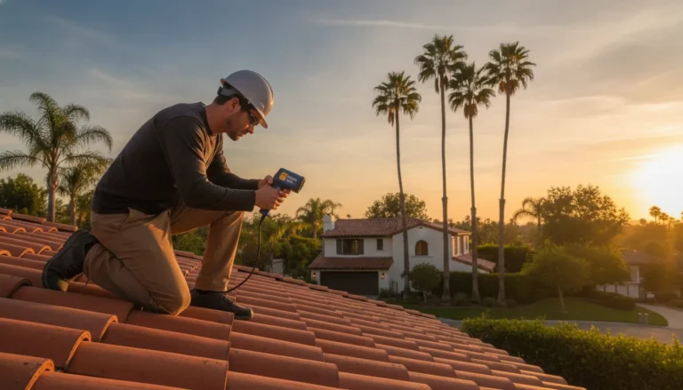 Professional roofing inspector using an infrared thermal imaging camera on a residential roof to detect hidden moisture and leaks
