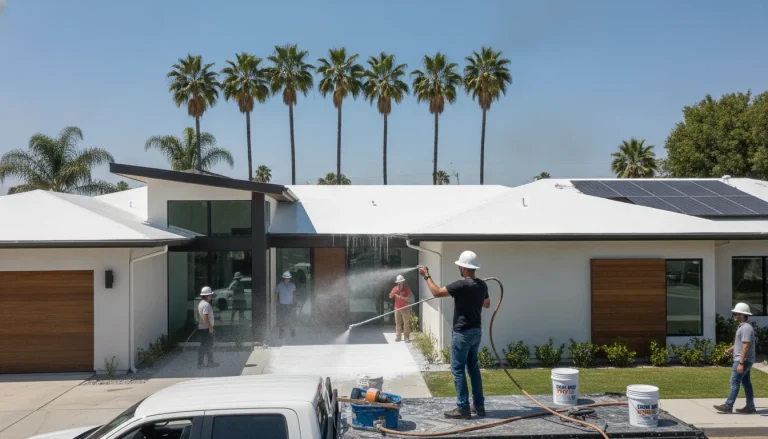 Professional roof coating application on a Southern California home with palm trees and sunny sky