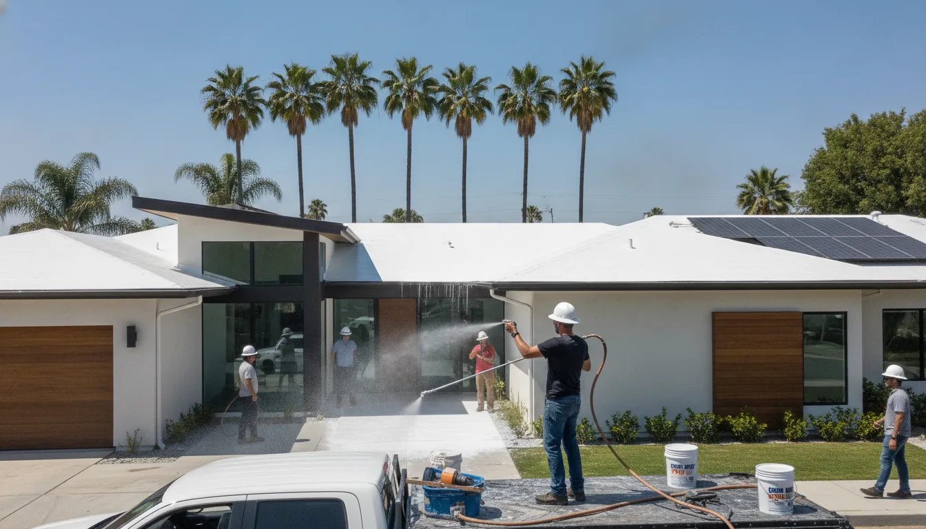 Professional roof coating application on a Southern California home with palm trees and sunny sky