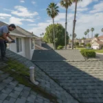 Professional roofer inspecting moss and algae growth on a Southern California composition shingle roof in a residential neighborhood