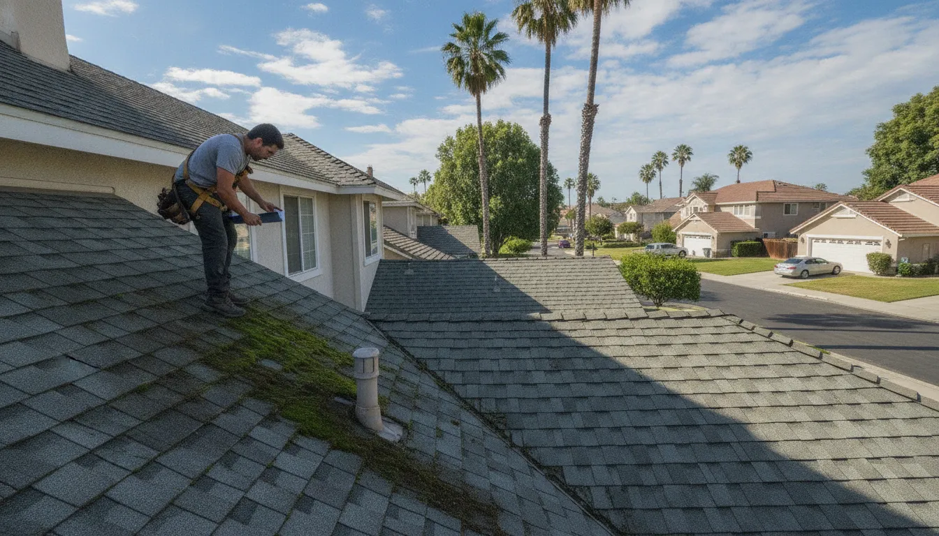 Professional roofer inspecting moss and algae growth on a Southern California composition shingle roof in a residential neighborhood