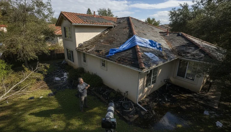 California residential roof with visible storm damage after a severe rainstorm