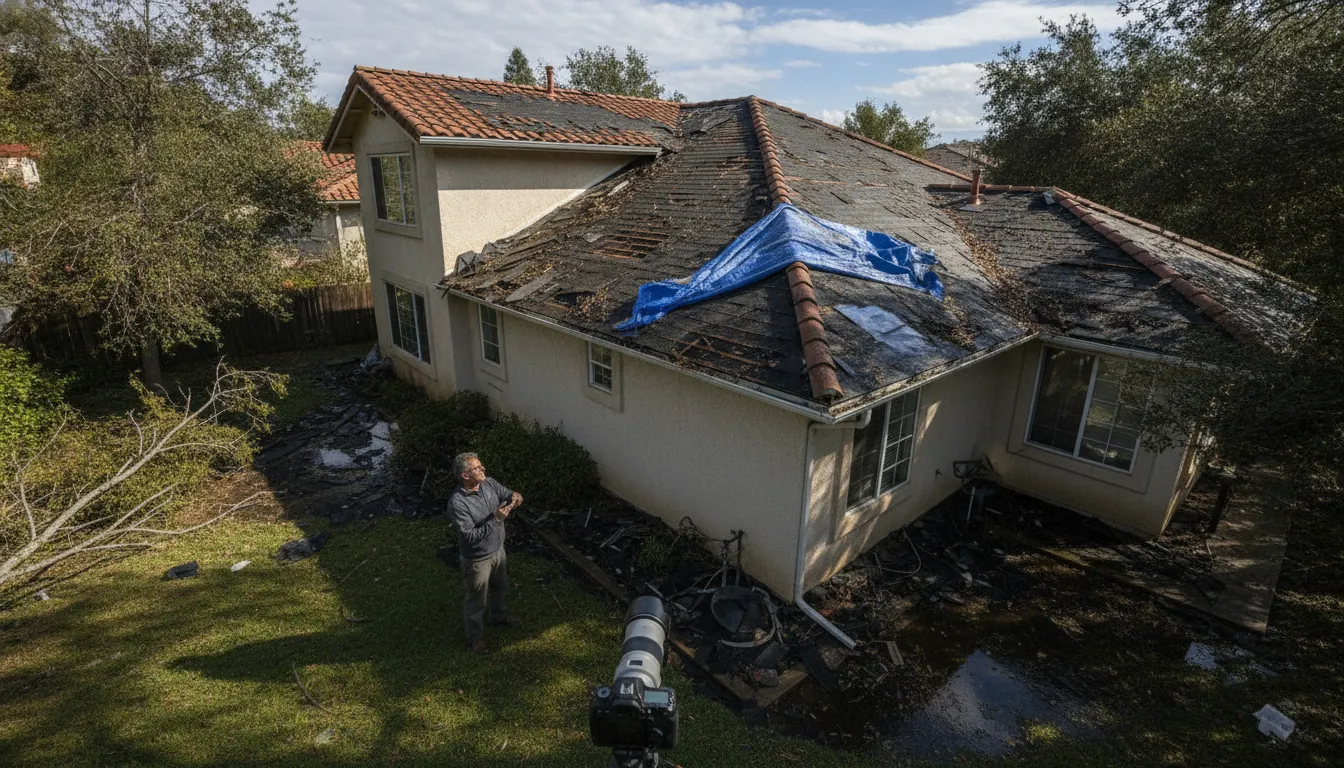 California residential roof with visible storm damage after a severe rainstorm