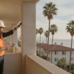 Professional inspector examining a residential apartment balcony in Orange County, California