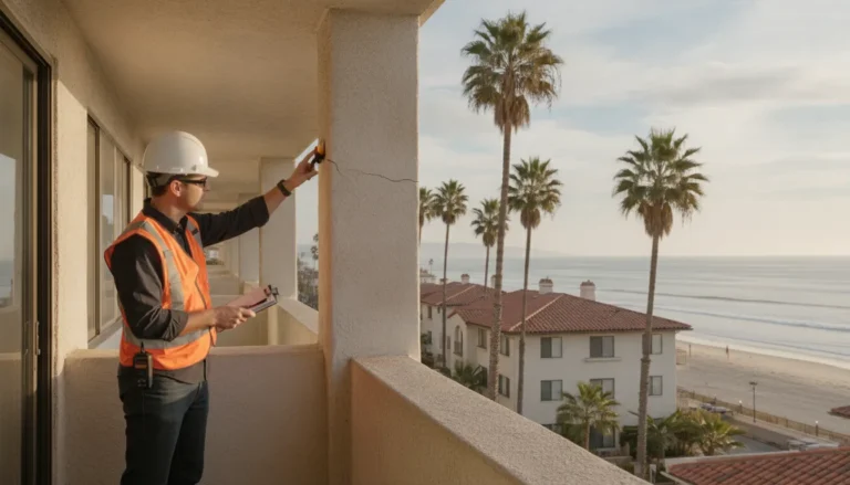Professional inspector examining a residential apartment balcony in Orange County, California