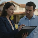 Home buyer and real estate agent review a roof inspection report at a Southern California home