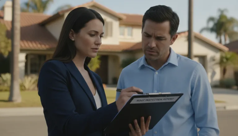 Home buyer and real estate agent review a roof inspection report at a Southern California home