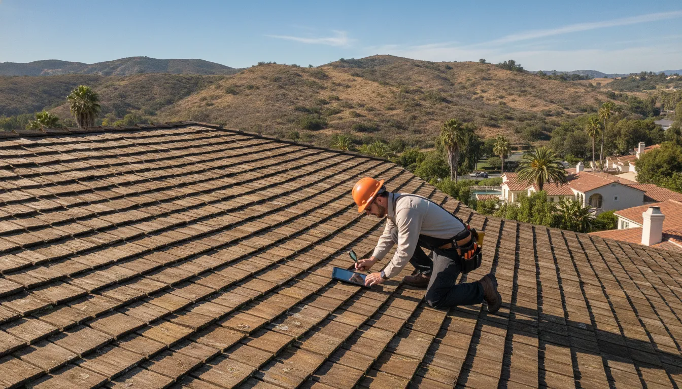 A professional inspector evaluating a classic wood shake roof on a sunny day in Southern California