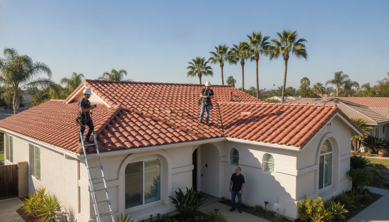 Southern California home with well-maintained red tile roof under blue sky with palm trees
