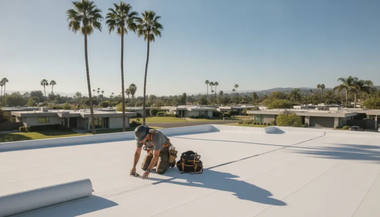 Professional roofer inspecting a flat roof membrane on a Southern California home with palm trees in the background