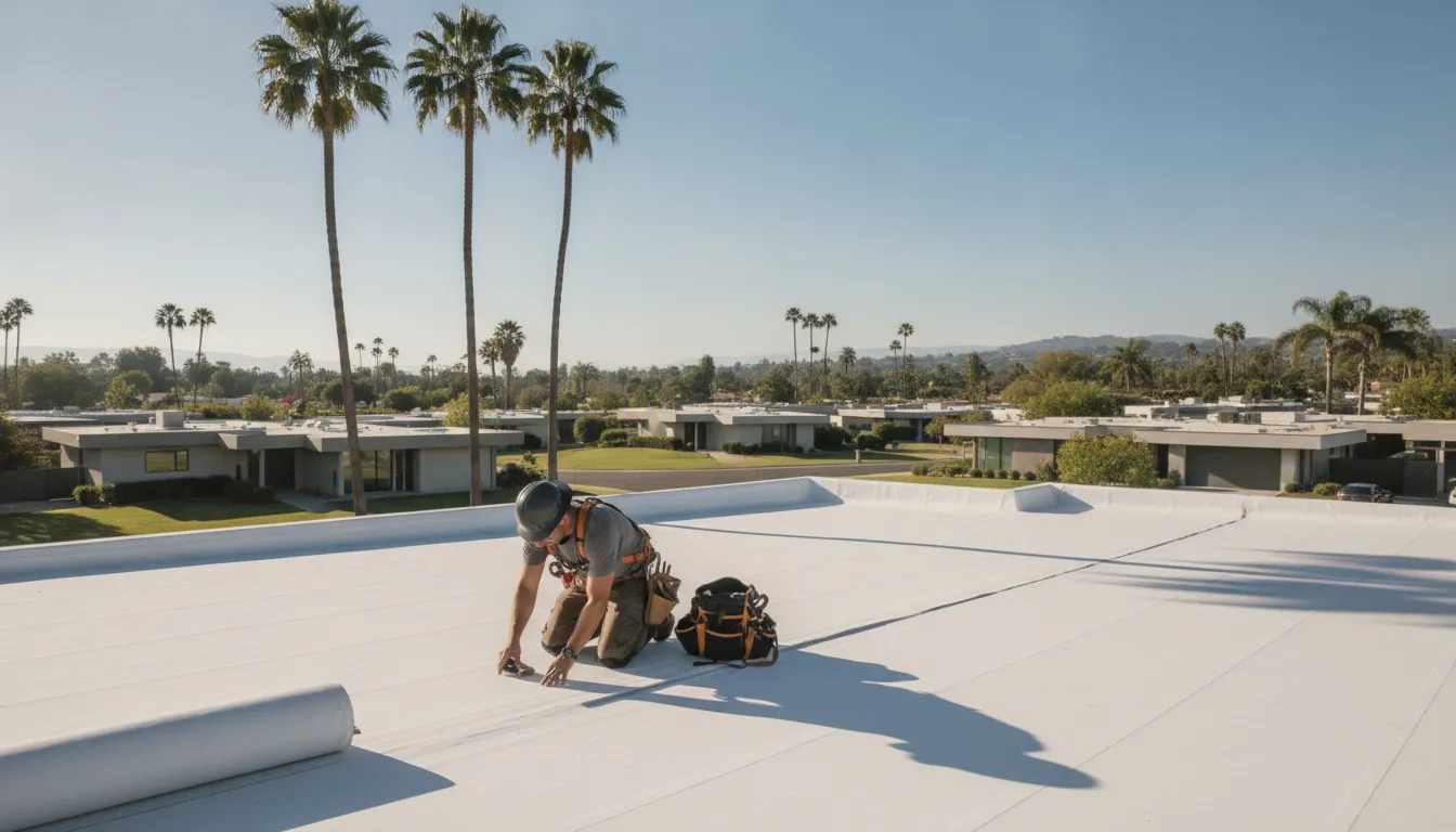 Professional roofer inspecting a flat roof membrane on a Southern California home with palm trees in the background