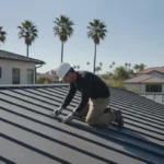 Professional roofing inspector examining a standing seam metal roof on a Southern California home