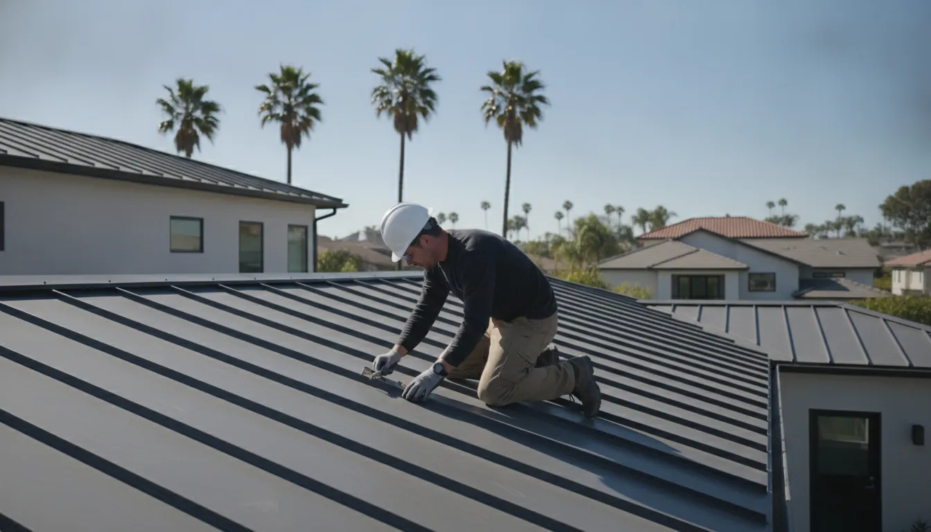 Professional roofing inspector examining a standing seam metal roof on a Southern California home