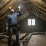 Homeowner inspecting attic with flashlight for roof leak signs