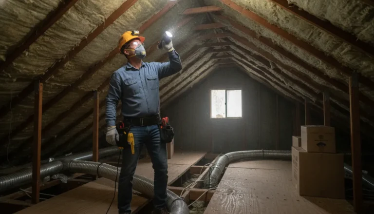 Homeowner inspecting attic with flashlight for roof leak signs