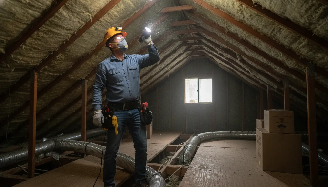Homeowner inspecting attic with flashlight for roof leak signs